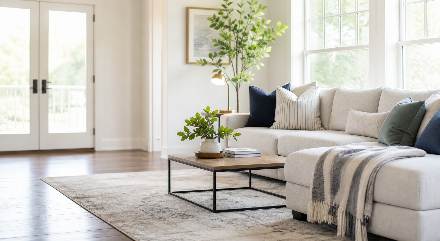 A bright, freshly cleaned living room with soft sunlight and neatly arranged furnishings.